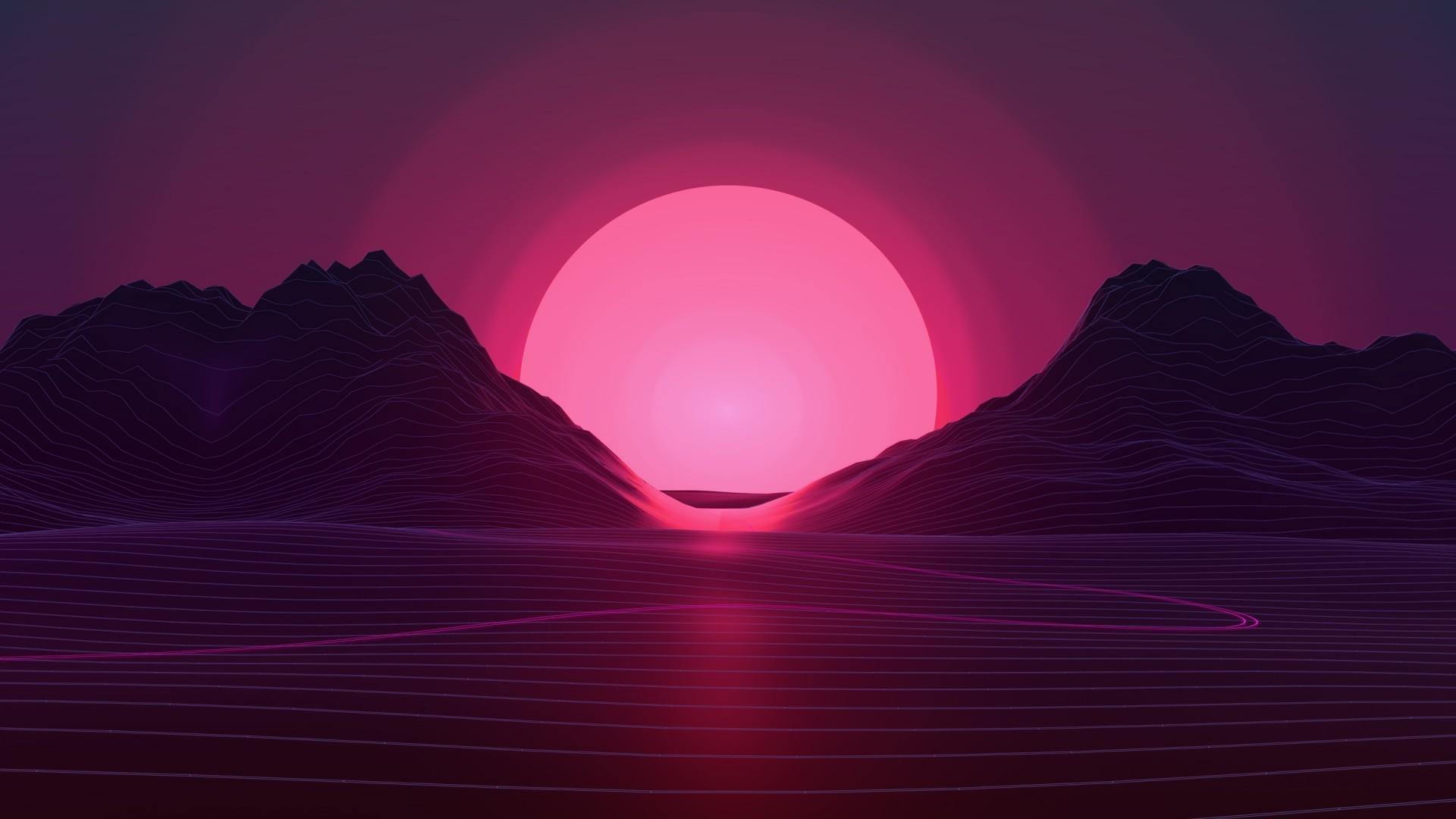 Download 1920x1080 Neon Sunset, Mountains, Digital Art