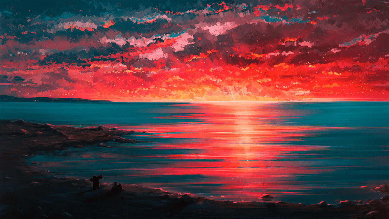 Wallpaper Sunset, Seaside, Couple, Beach, Horizon, Digital