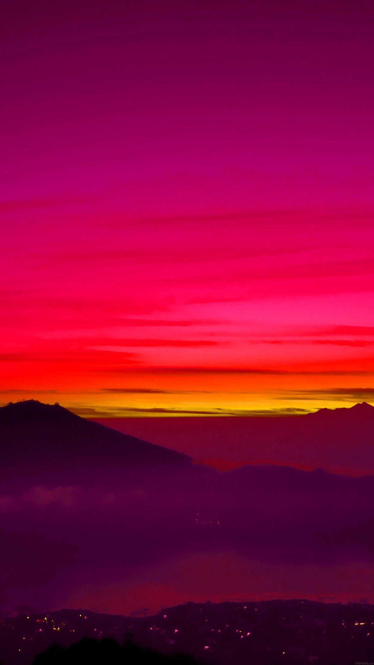 Night, sky, sunset, mountain, lights, red, wallpaper, clean