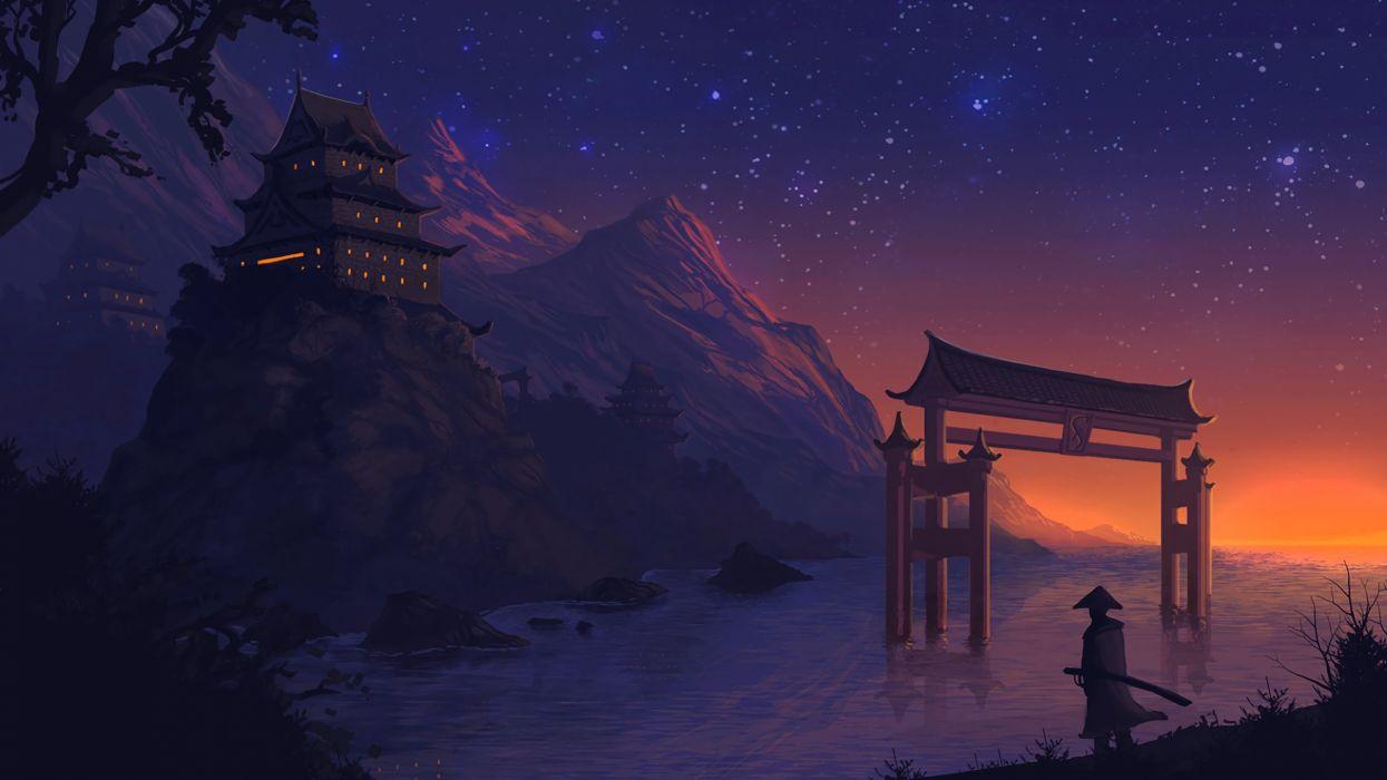 Landscape anime digital art fantasy art night stars sunset