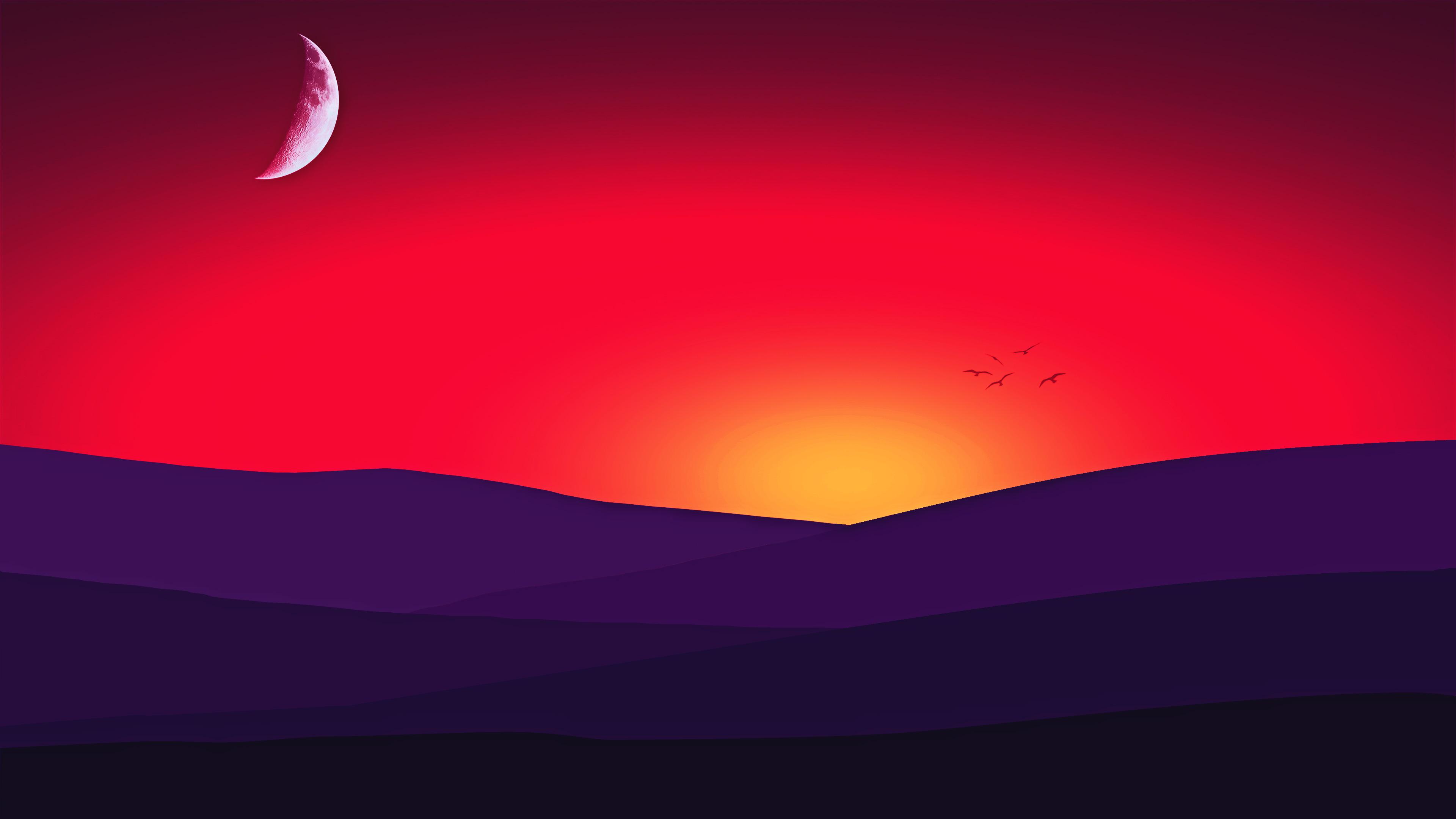 Red Mountains Sunset Birds, HD Artist, 4k Wallpaper, Image