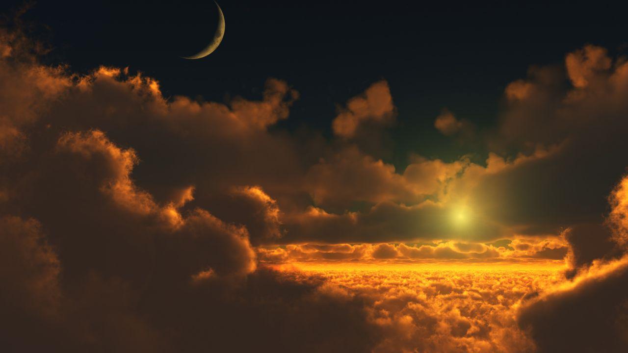 Wallpaper Sunset, Clouds, Moon, Digital render, HD, Nature