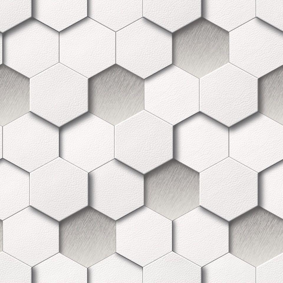 3D Hexagon Wallpaper Geometric Modern Luxury Leather Faux Padded Look White Grey