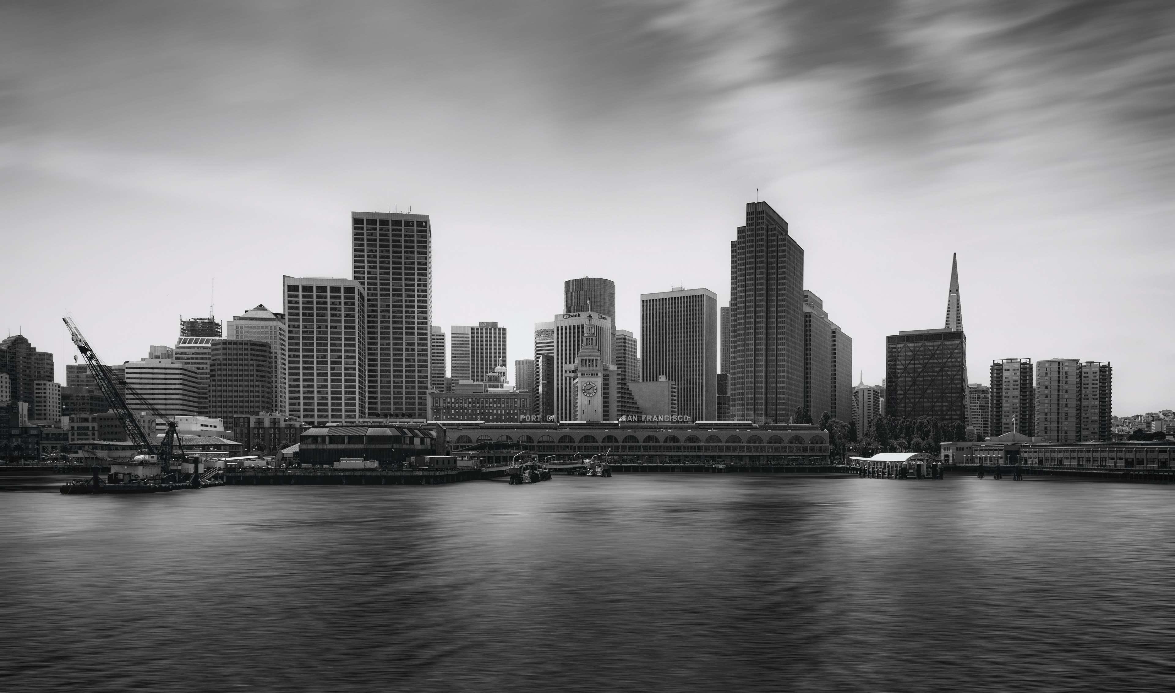 black and white, buildings, city, cityscape, harbor