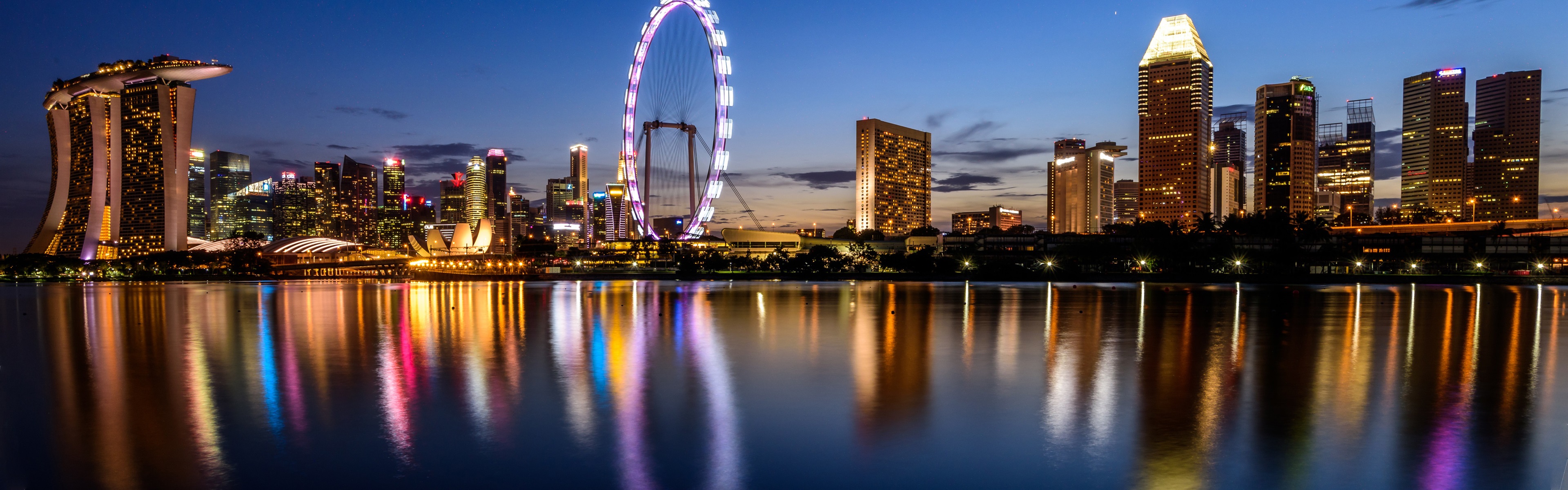 singapore town buildings night sea reflection lights ferris
