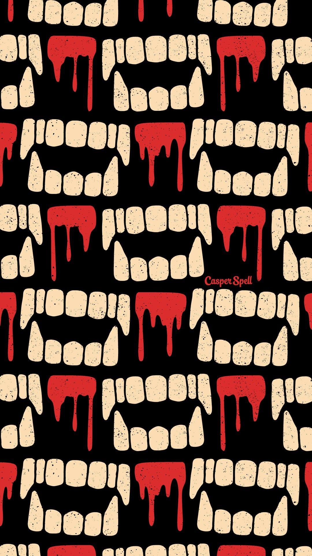 Vampire Teeth Repeat Pattern Wallpaper Halloween Cute Creepy Spooky Macabre Dark Art Illustration. Halloween wallpaper, Wallpaper vintage, Lock screen wallpaper