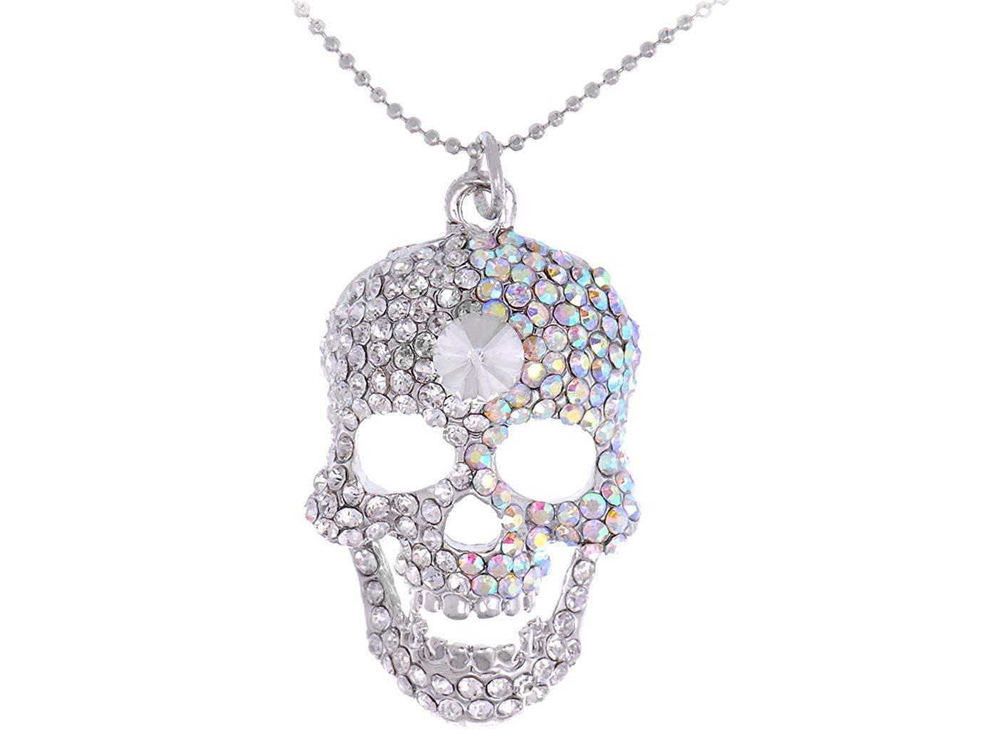 Alilang Silvery Tone Iridescent Crystal Rhinestone Halloween Skeleton Skull Head Pendant Necklace