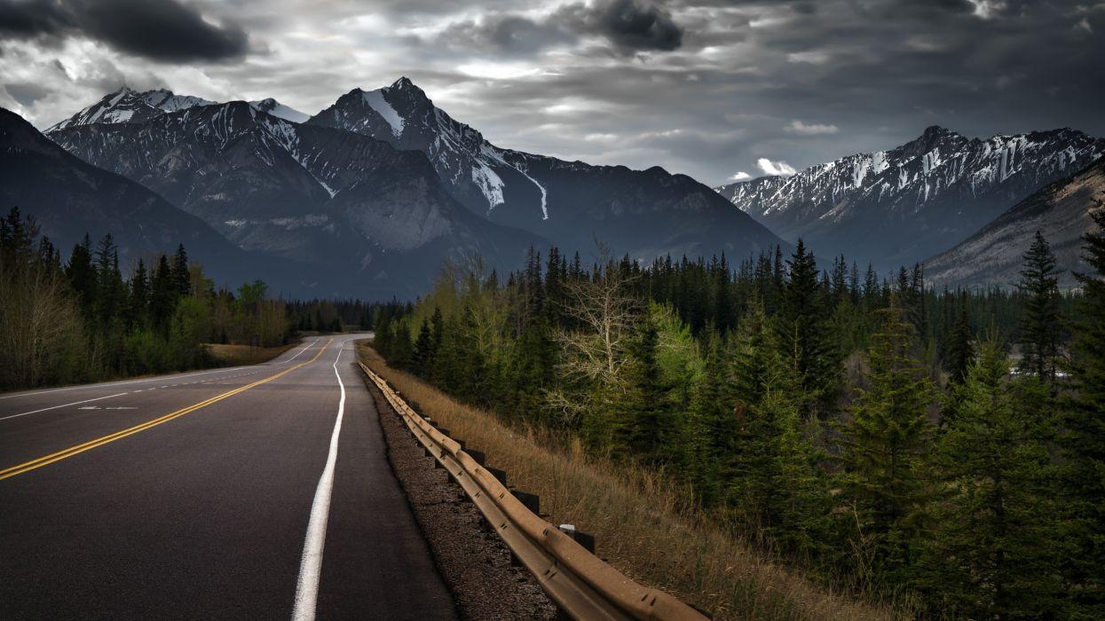 Landscape clouds rocky mountains forest storm road wallpaperx2160