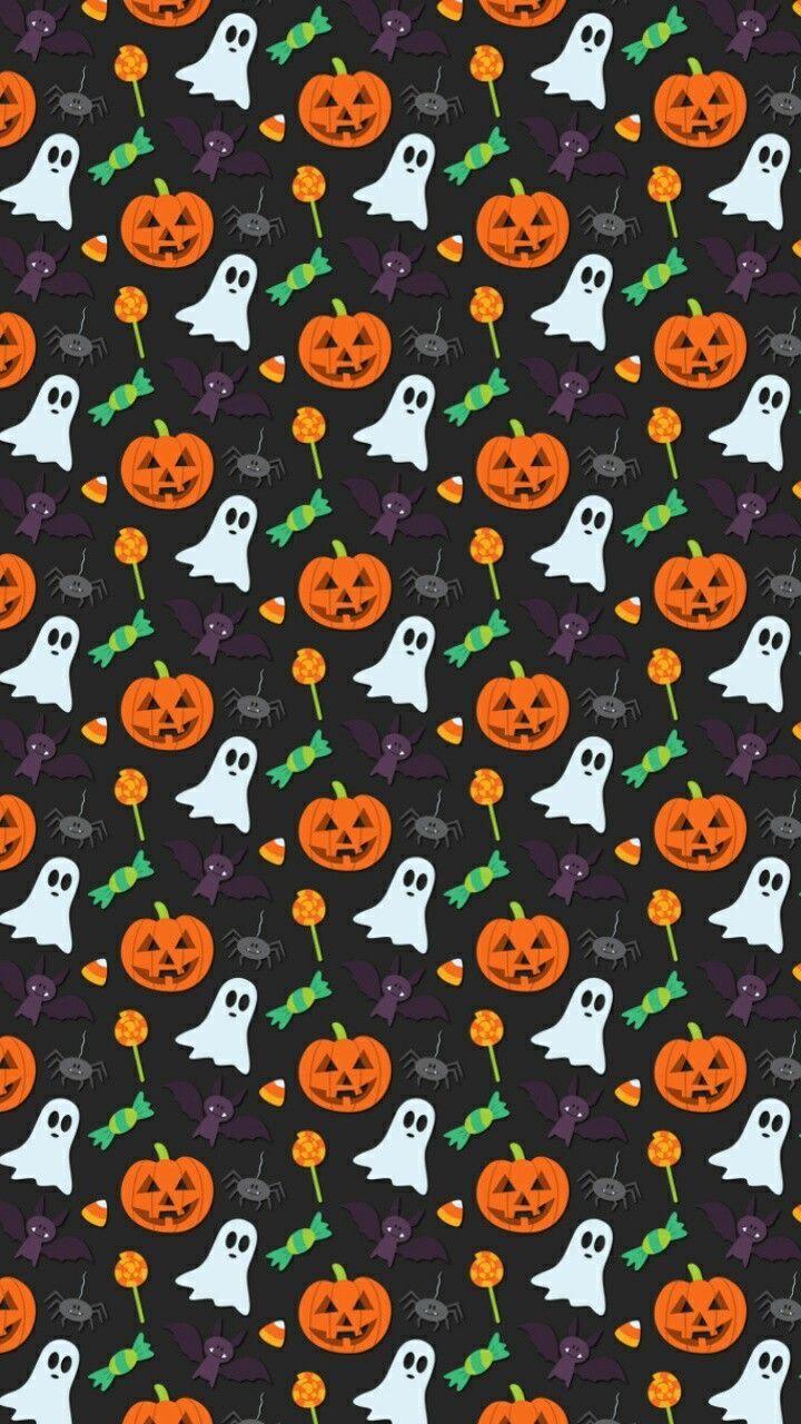 Ghosts Pumpkins Bats Spiders Candy Corn Halloween Wallpaper