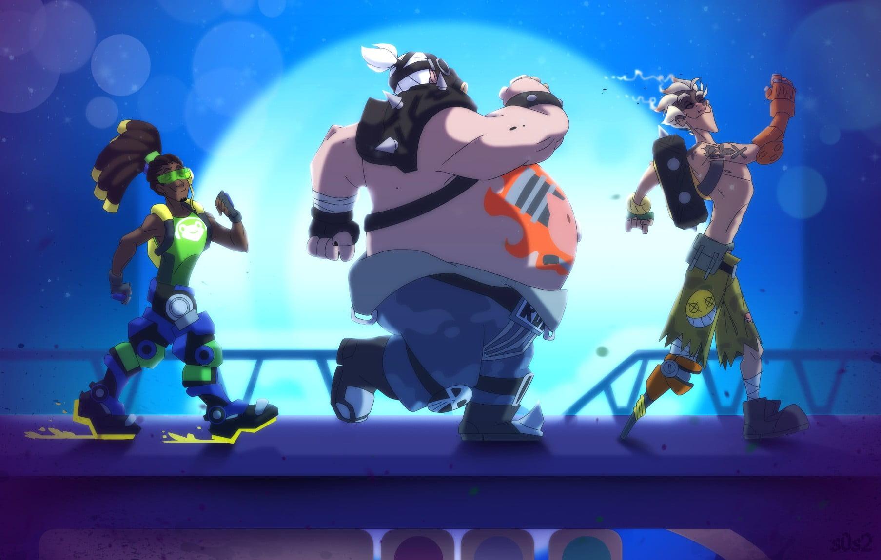 Three cartoon characters, Lúcio (Overwatch), Roadhog