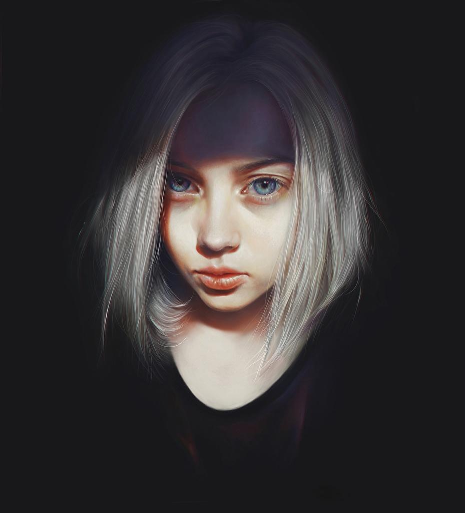 Desktop Wallpaper Blonde girl female Staring Painting Art Black