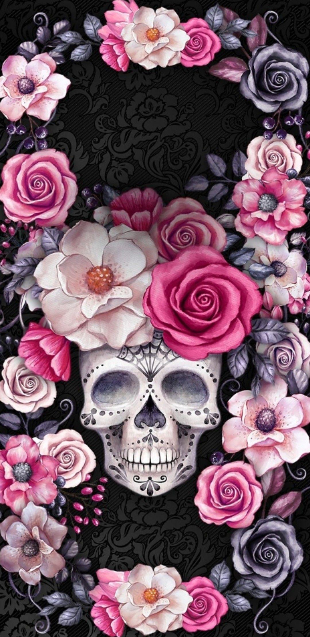 Skull in the Flowers. Beautiful Ilustration for