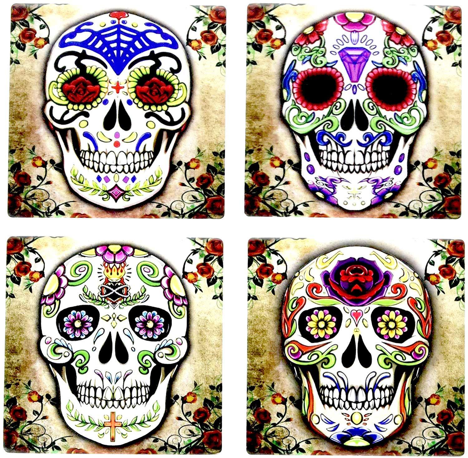 Day of the Dead Dia De Muertos Skull Spirit 4 Inch by 4 Inch Ceramic Tile Coaster of 4