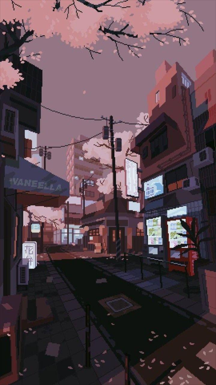 sakura streets. background. Aesthetic art, Pixel art