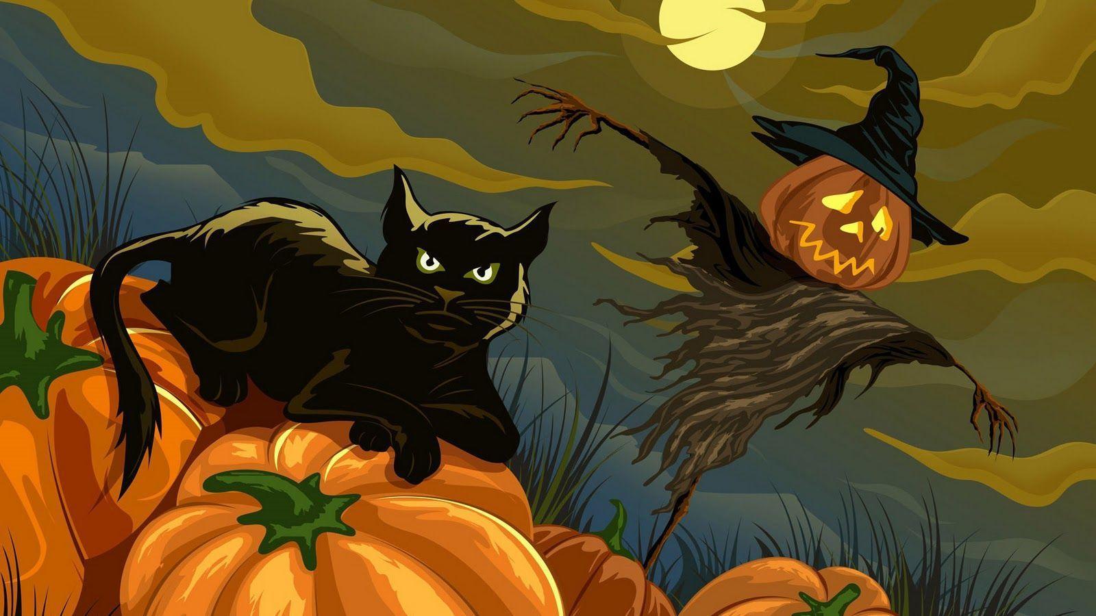 Black Cats and Pumpkins Desktop Wallpaper at