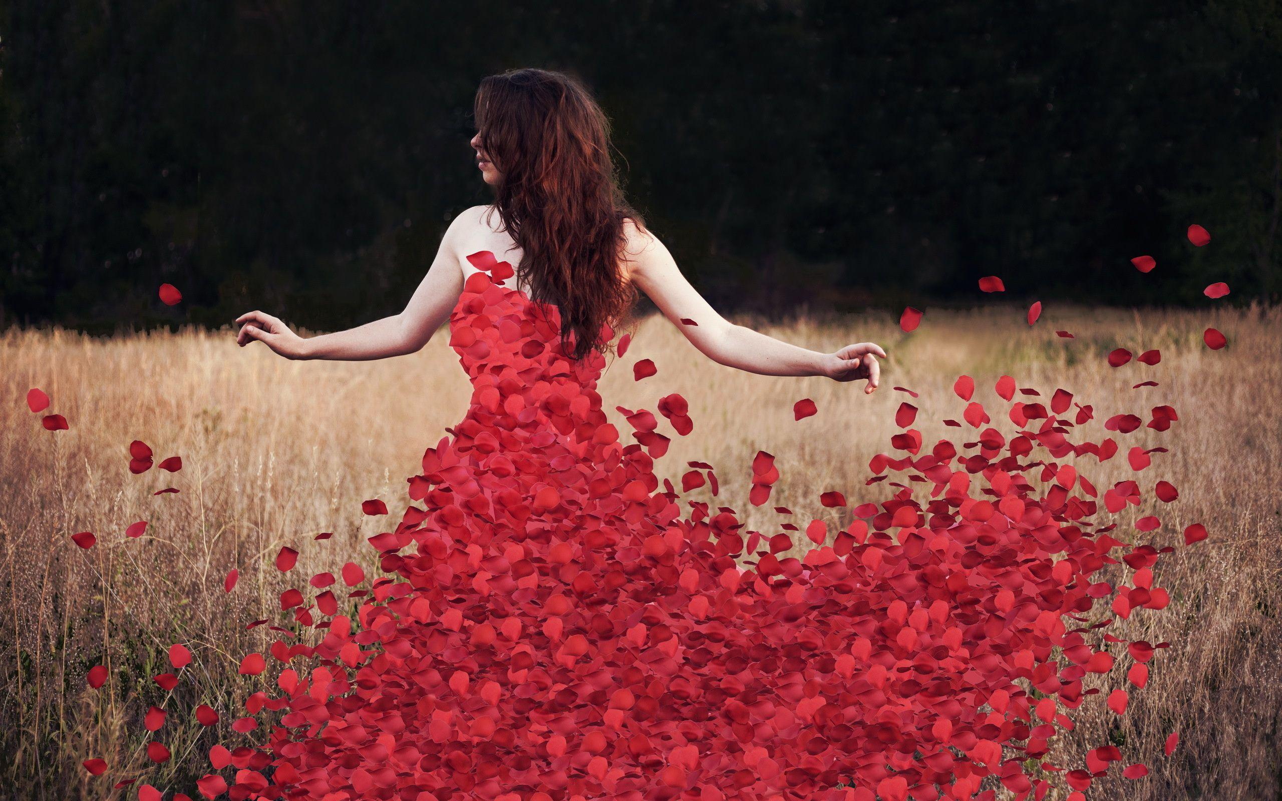 Red Flowers Roses Girl. Rose petal dress, Flower petal dress, Rose girl