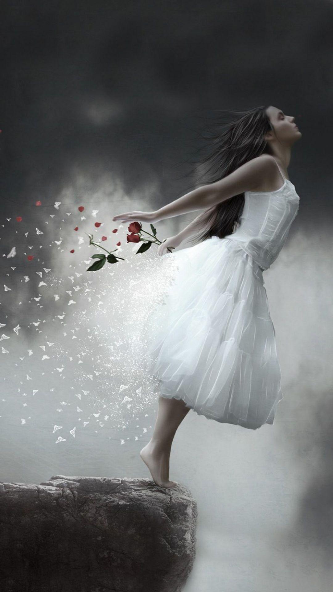 Girl On A Cliff White Dress Red Rose .com