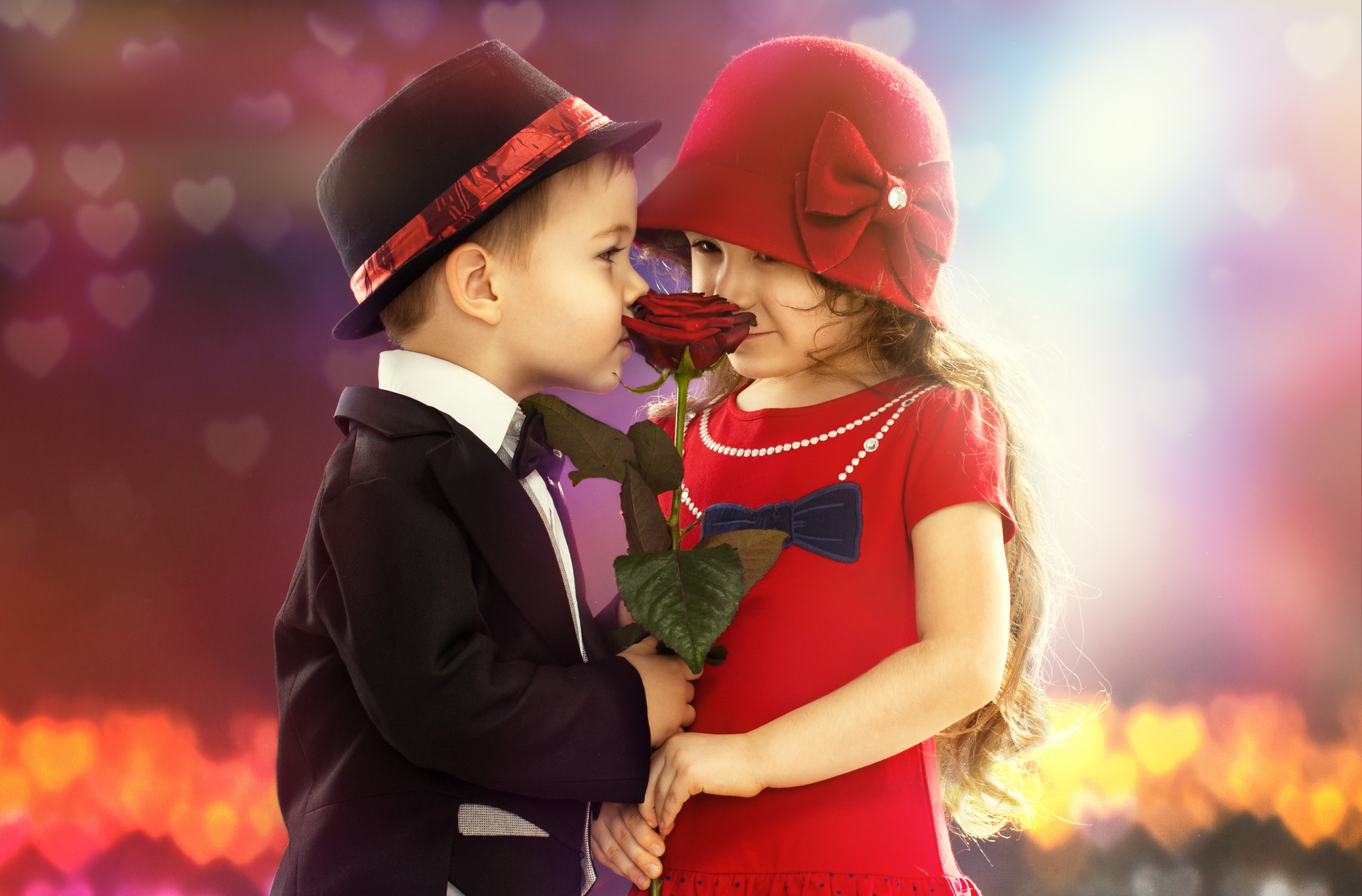 Children boy girl flower rose mood romance wallpaper