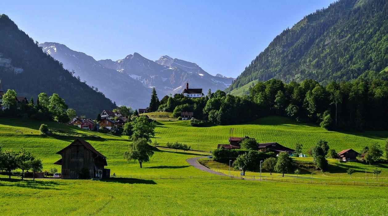 Switzerland town countryside landscapes houses trees grass