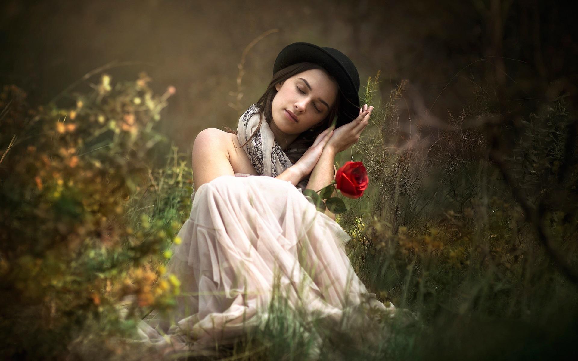Wallpaper Girl, dream, red rose, grass 1920x1200 HD Picture