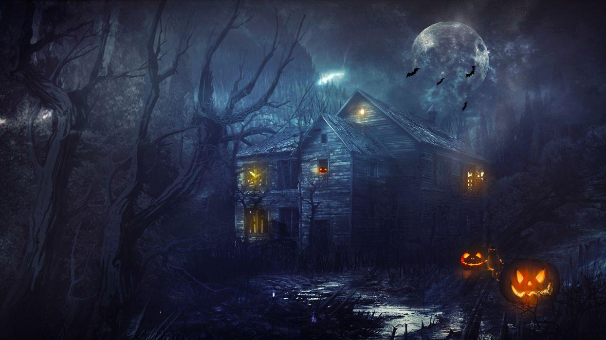 Halloween House Night Moon Pumpkin wallpaperx1440