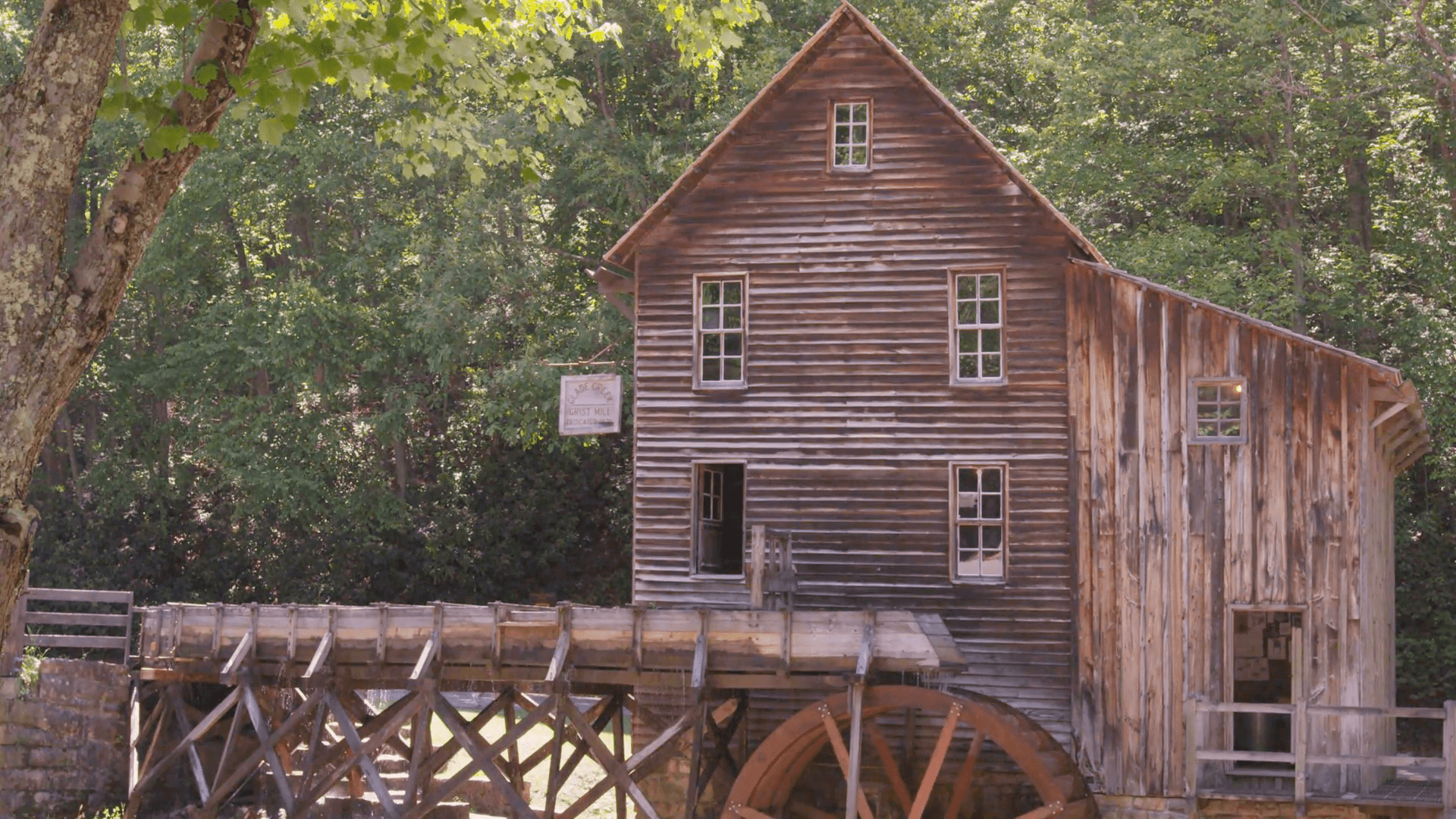 Close static shot of Glade Creek Grist Mill in Babcock State Park West Virginia Stock Video Footage