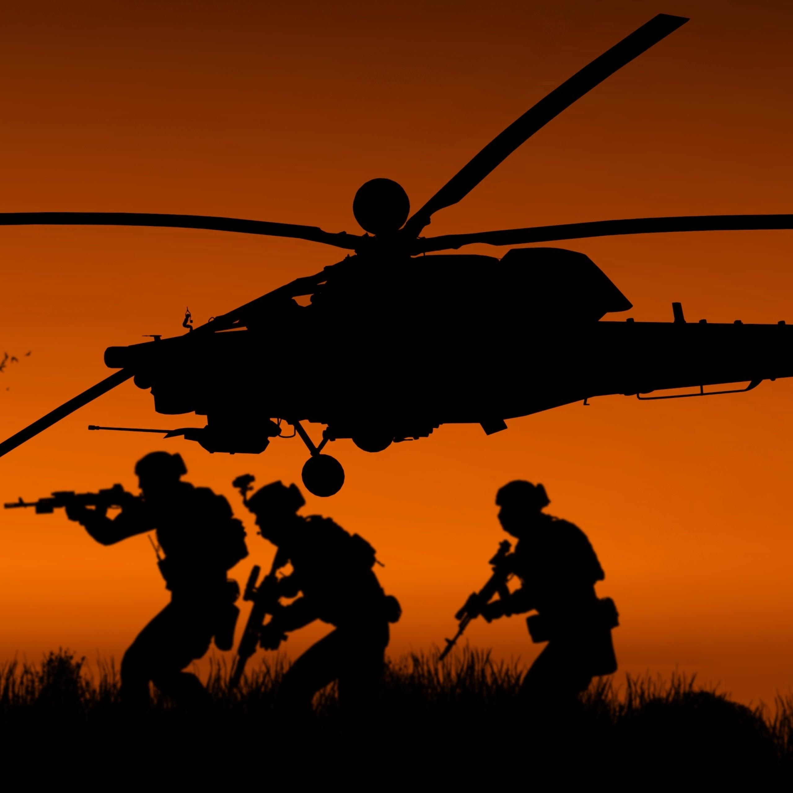Wallpaper Military helicopter, Soldiers, Sunset, Silhouette