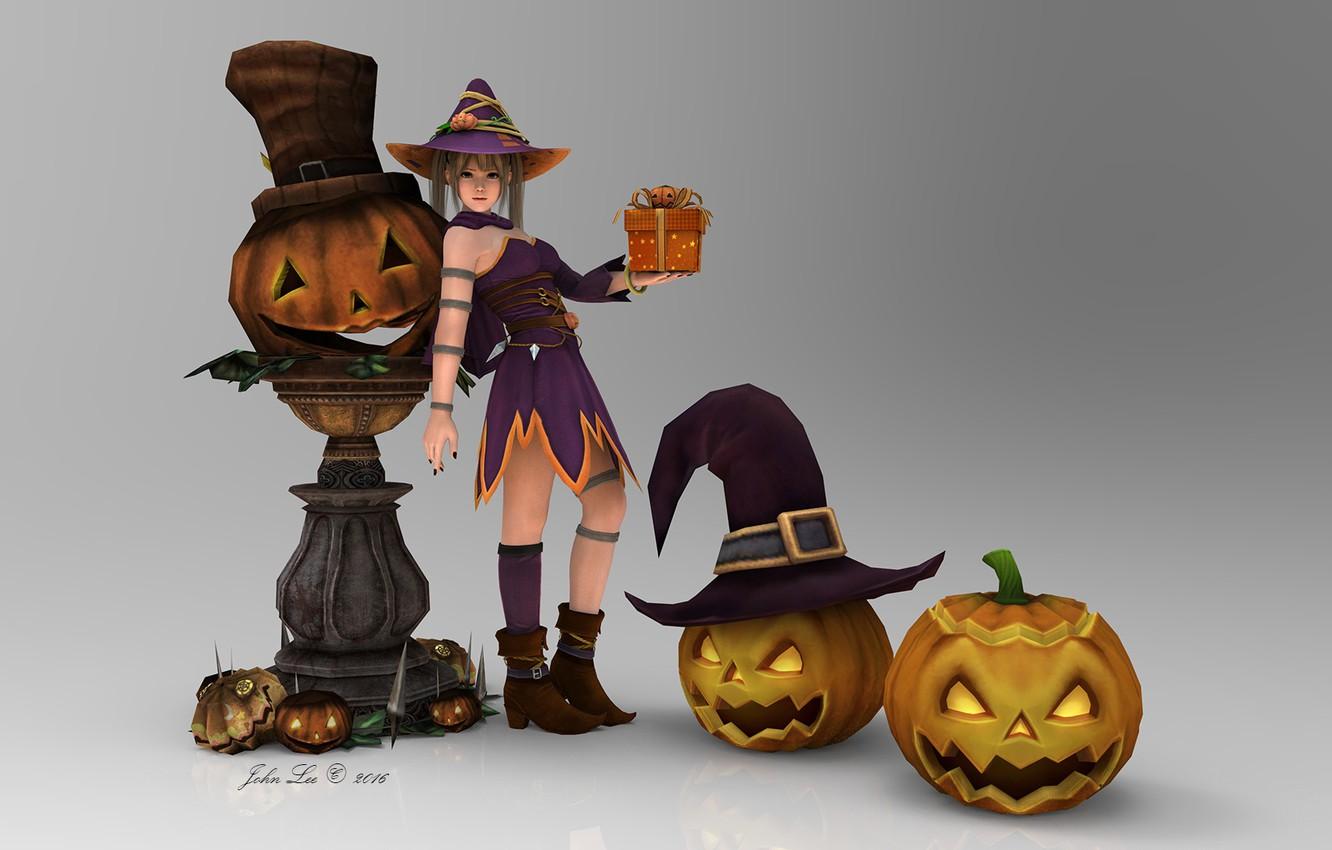 Wallpaper girl, anime, pumpkin, Halloween, 3D graphics