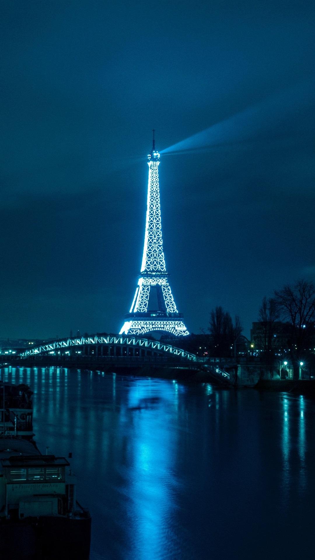 Eiffel Tower, river, bridge, road, illumination, night