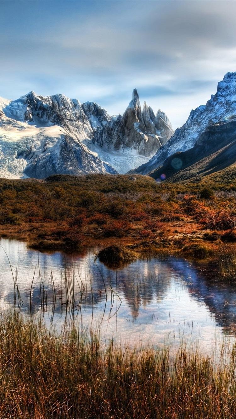 Chile, Patagonia, mountains, rocks, snow, water 750x1334