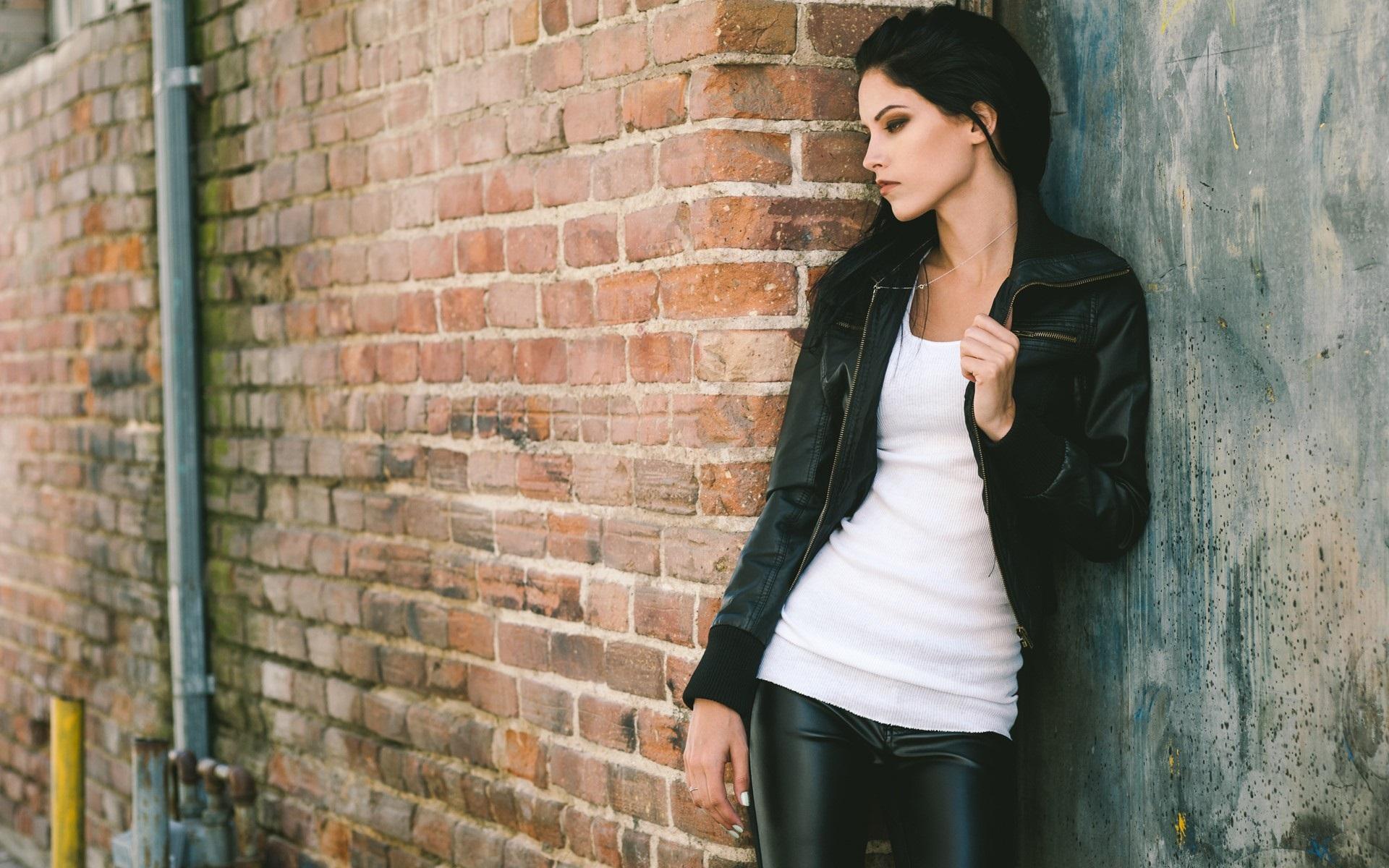 Wallpaper Black leather jacket girl, wall, door 1920x1200 HD