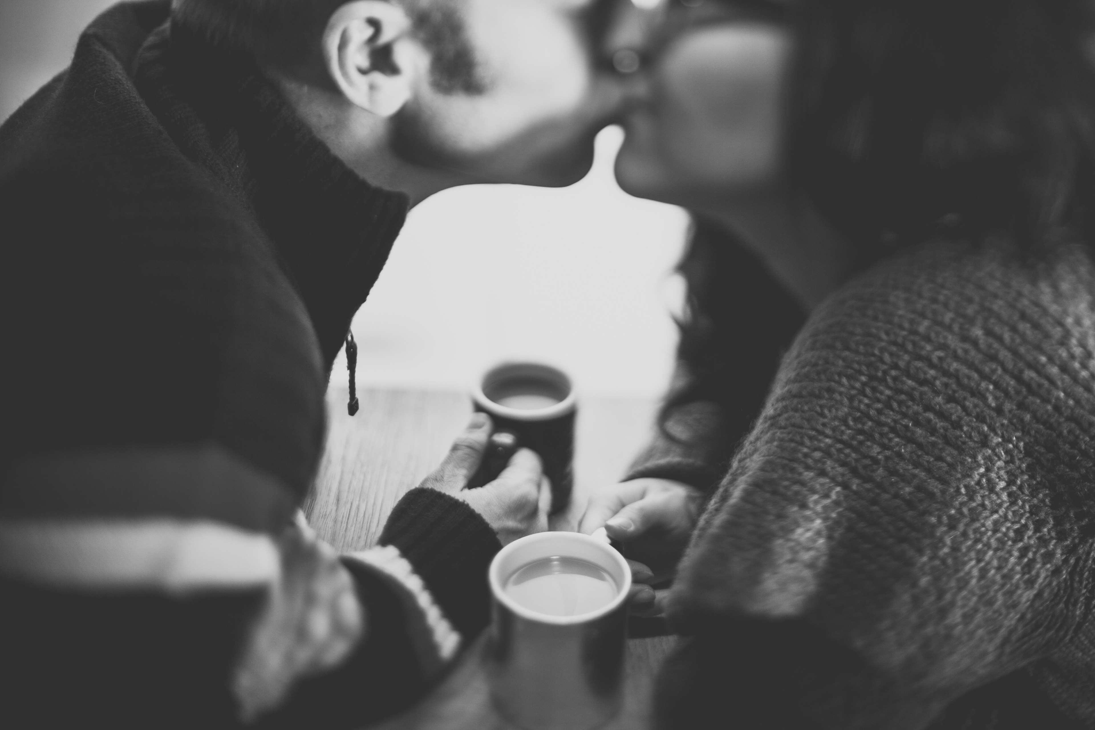 black and white, coffee, couple, cups, date, drink