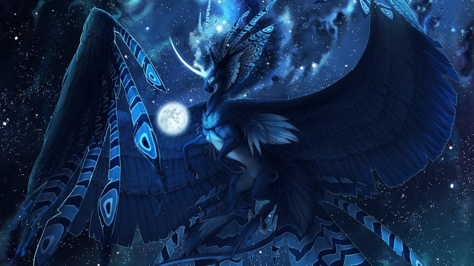Download 1920x1080 Fantasy Creature, Horse, Wings, Horn, Majestic, Night, Stars, Moon Wallpaper for Widescreen