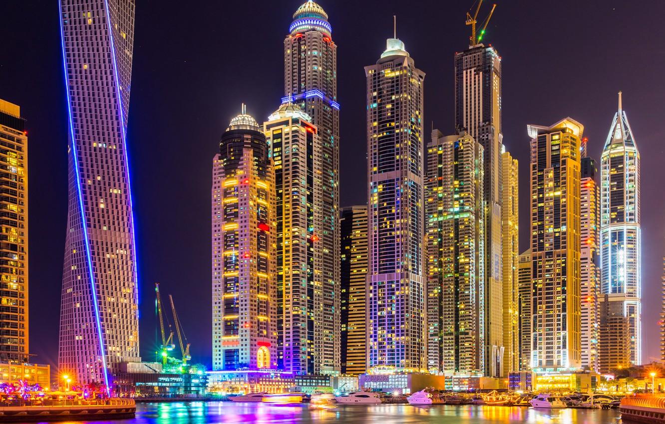 Wallpaper city, lights, colorful, Dubai, night, skyscrapers