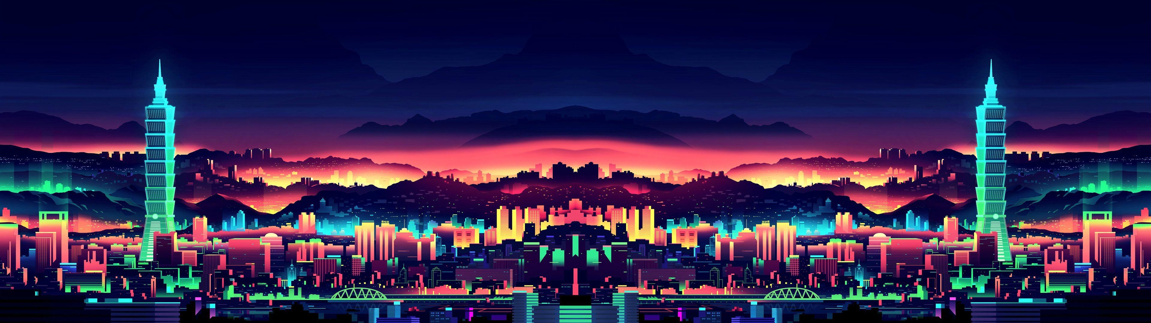 Neon city 3840x1080 wallpaper (1920x1080 versions included)x1080 wallpaper, Dual monitor wallpaper, Dual screen wallpaper