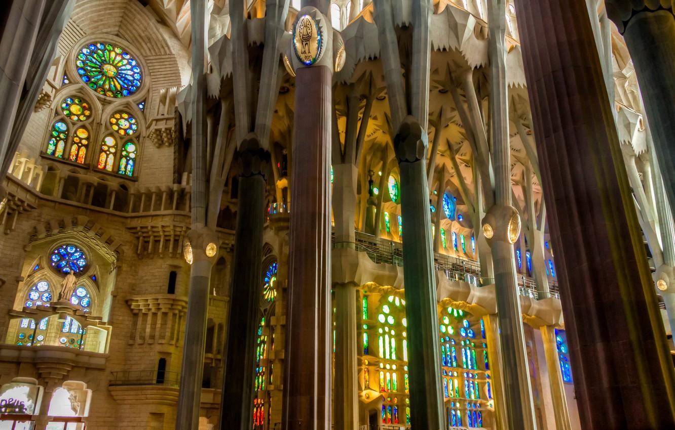 Wallpaper columns, stained glass, Spain, religion, Barcelona