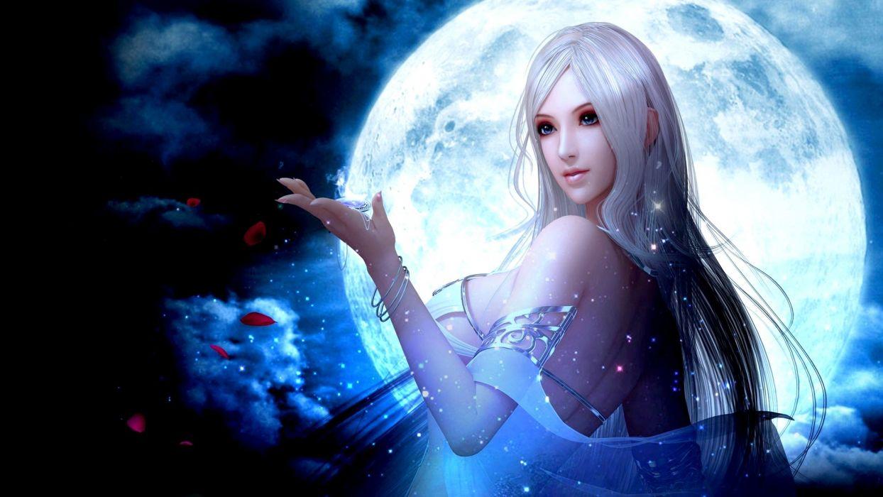 Fantasy girl moon petals long hair fairy dress wallpaper