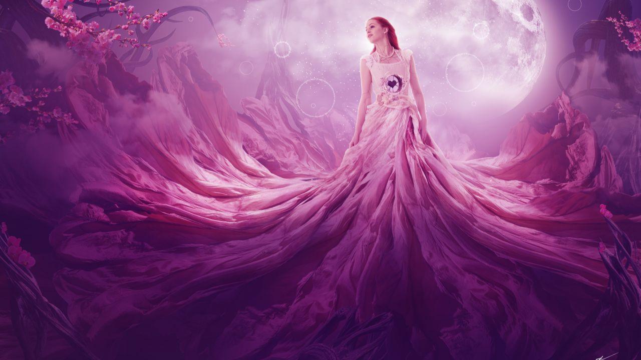 Wallpaper Woman, Moon, Flowers, Dream, Pink, HD, 5K, Fantasy