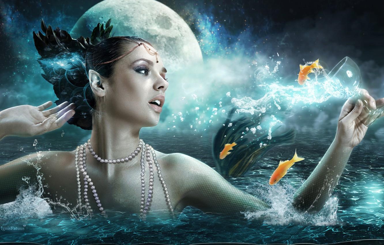 Wallpaper sea, girl, fish, the moon, girl, moon, fantasy