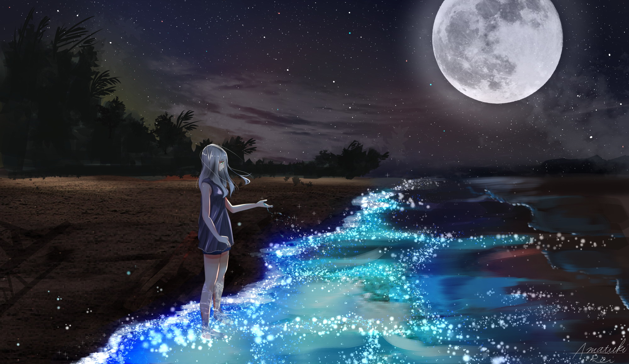 Anime Girl At Seashore Dark Moon, HD Anime, 4k Wallpaper