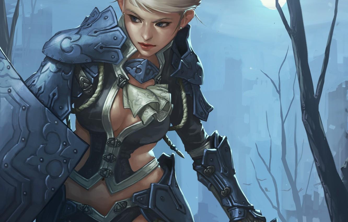 Wallpaper girl, moon, sword, fantasy, cleavage, armor
