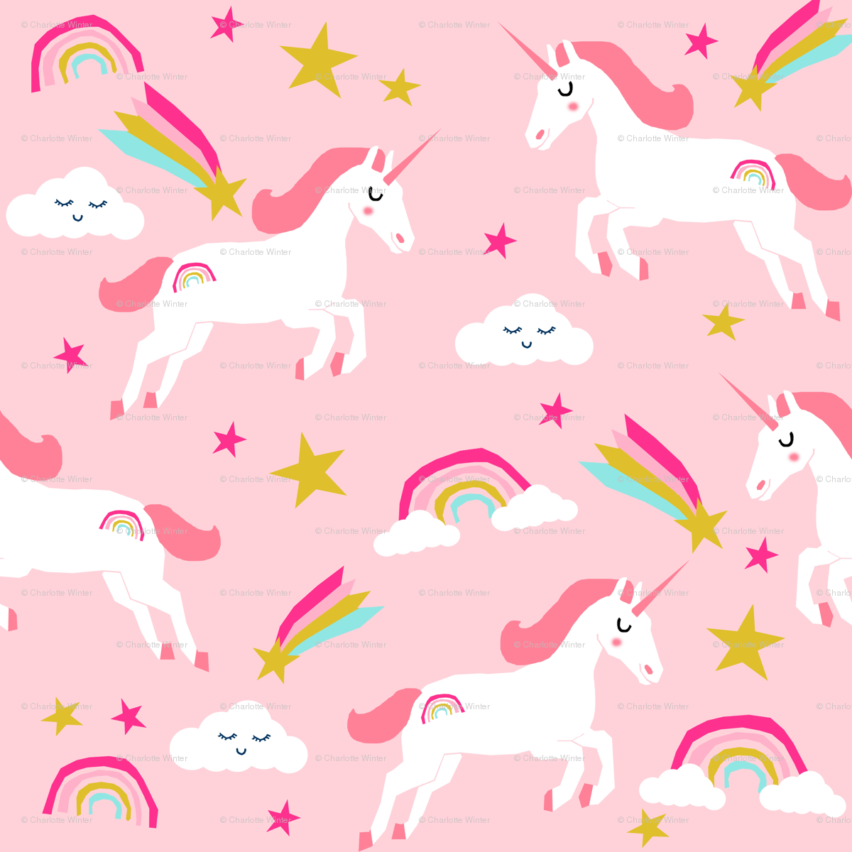 Unicorn Bright Colors Fabric Rainbow Clouds Stars Cute