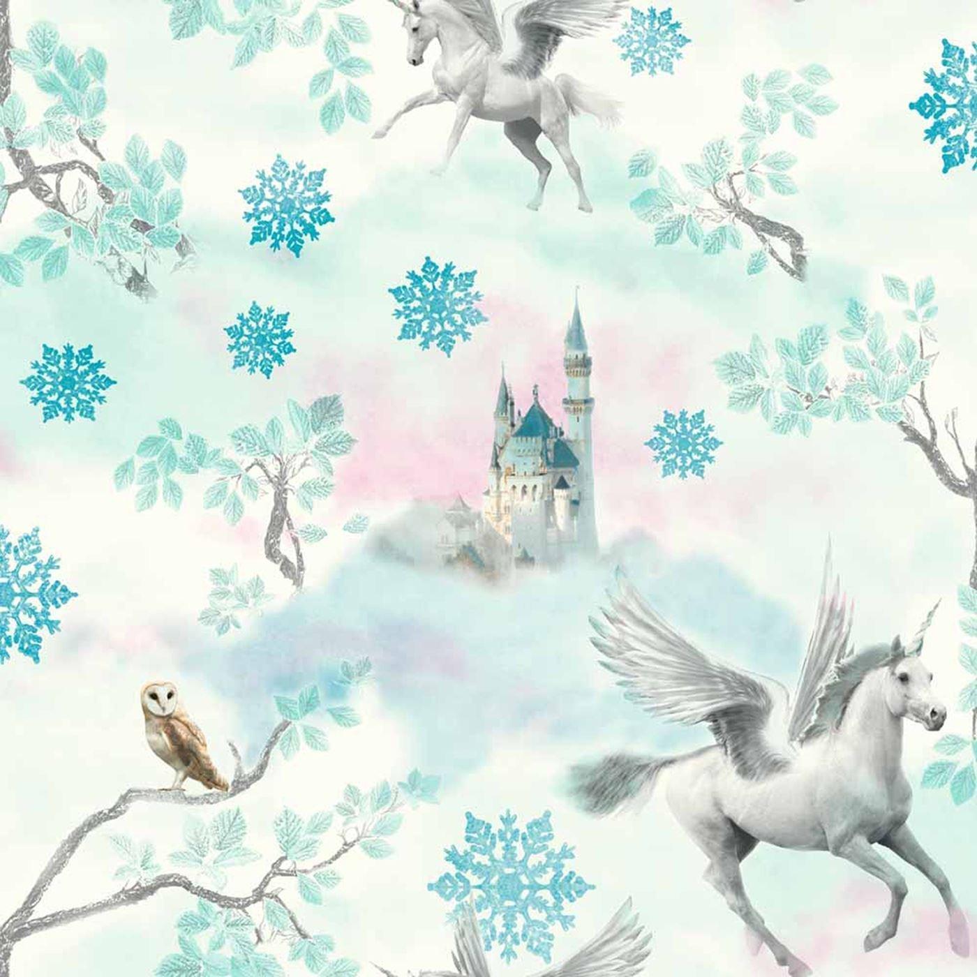 Fairytale Unicorn Wallpaper Horse Textured Glitter Effect White Ice Blue