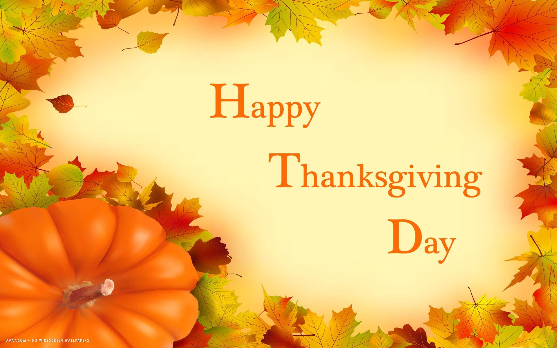 happy thanksgiving day wishes pumpkin yellow red leaves holiday HD widescreen wallpaper / holidays background