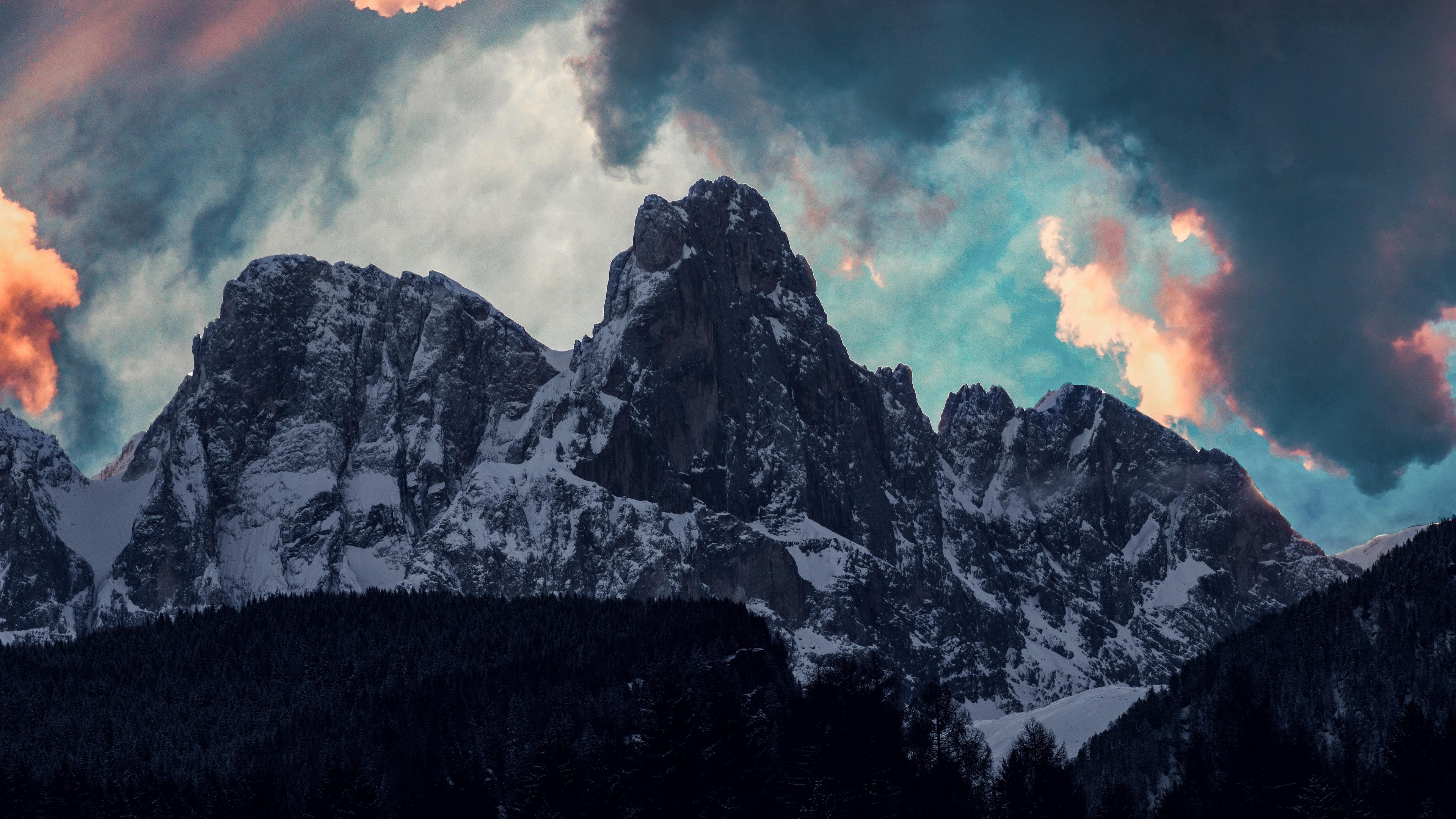 Download wallpaper 3840x2160 mountains, clouds, trees, snow