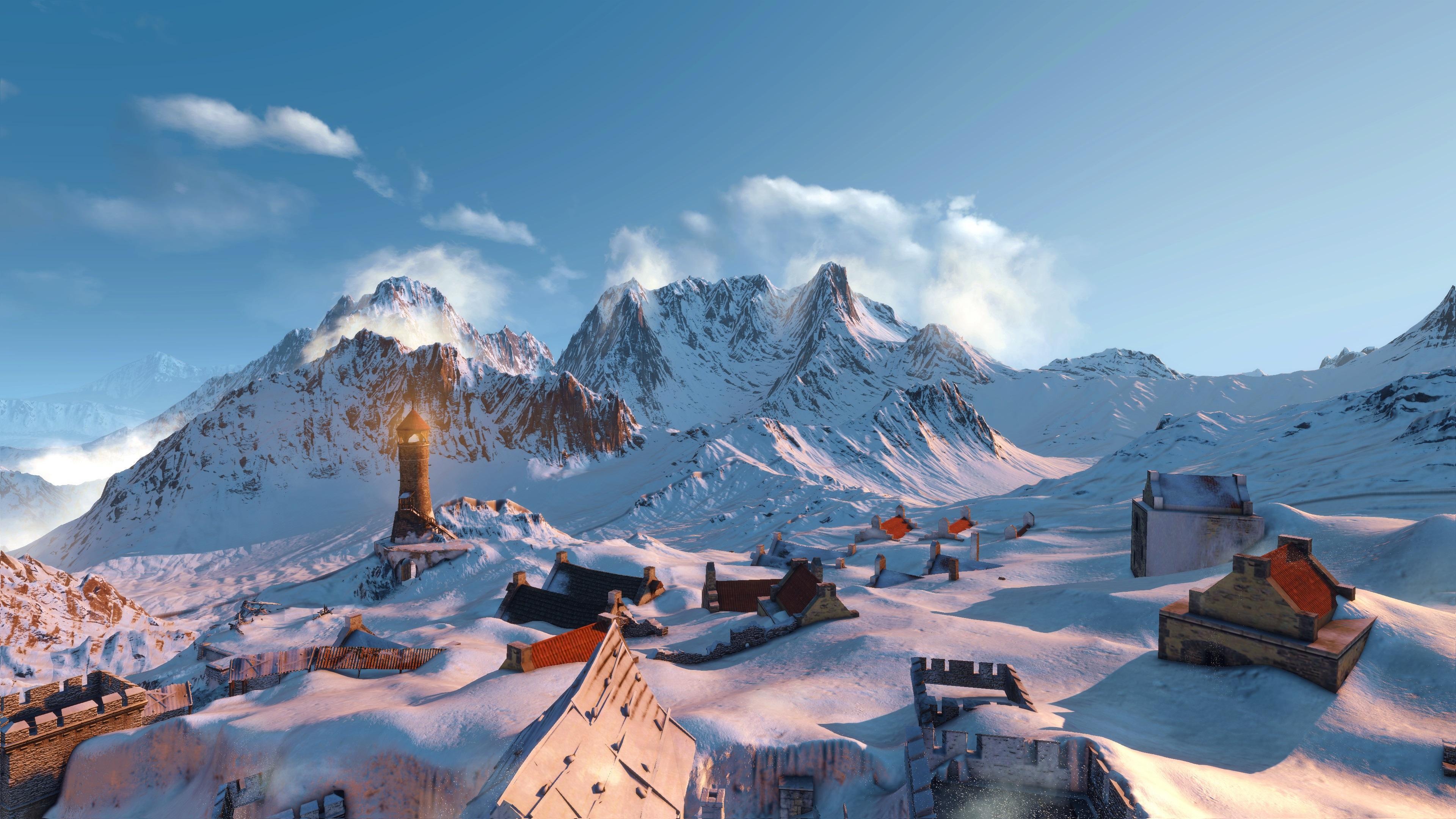 Wallpaper The Witcher 3: Wild Hunt, mountains, snow, houses
