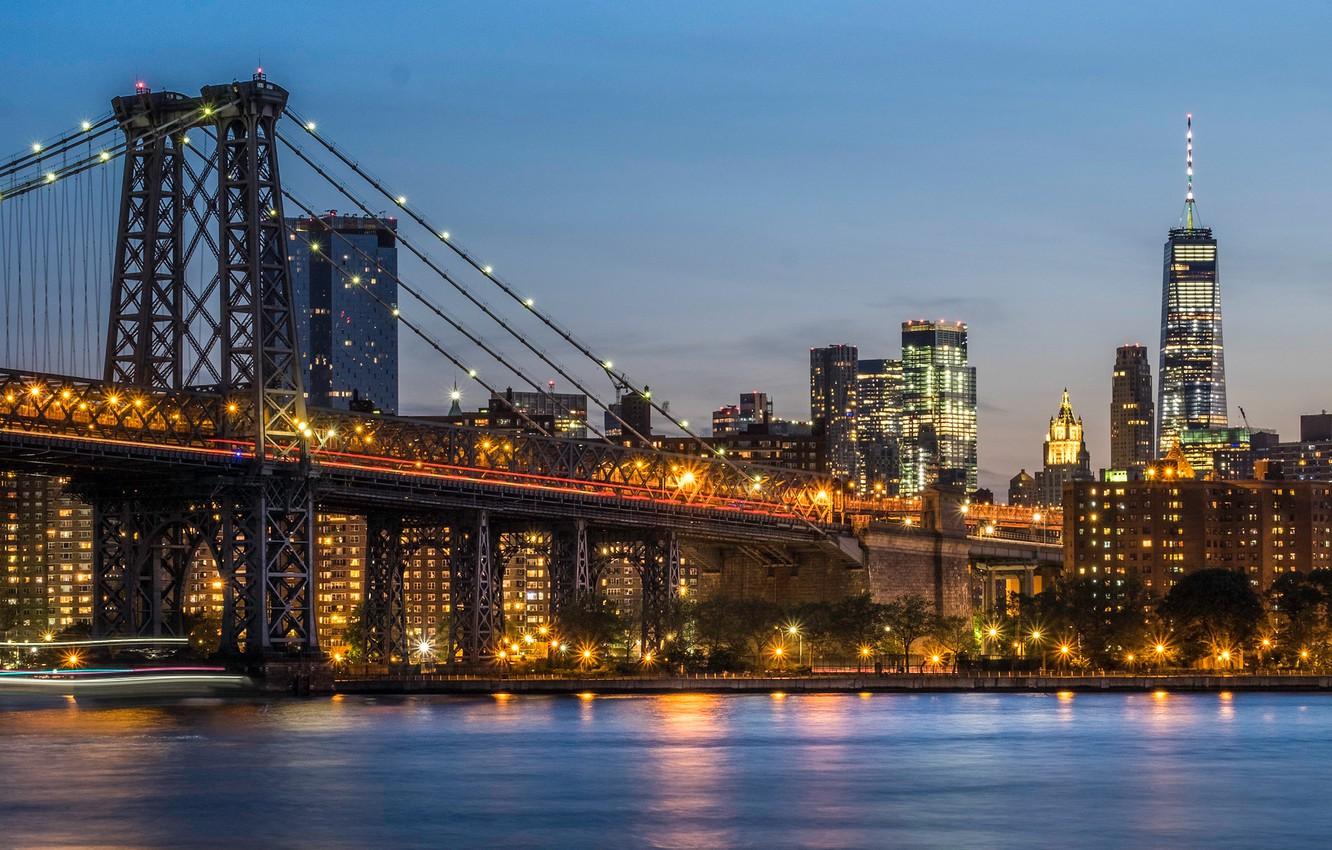 Wallpaper bridge, Strait, building, New York, night city