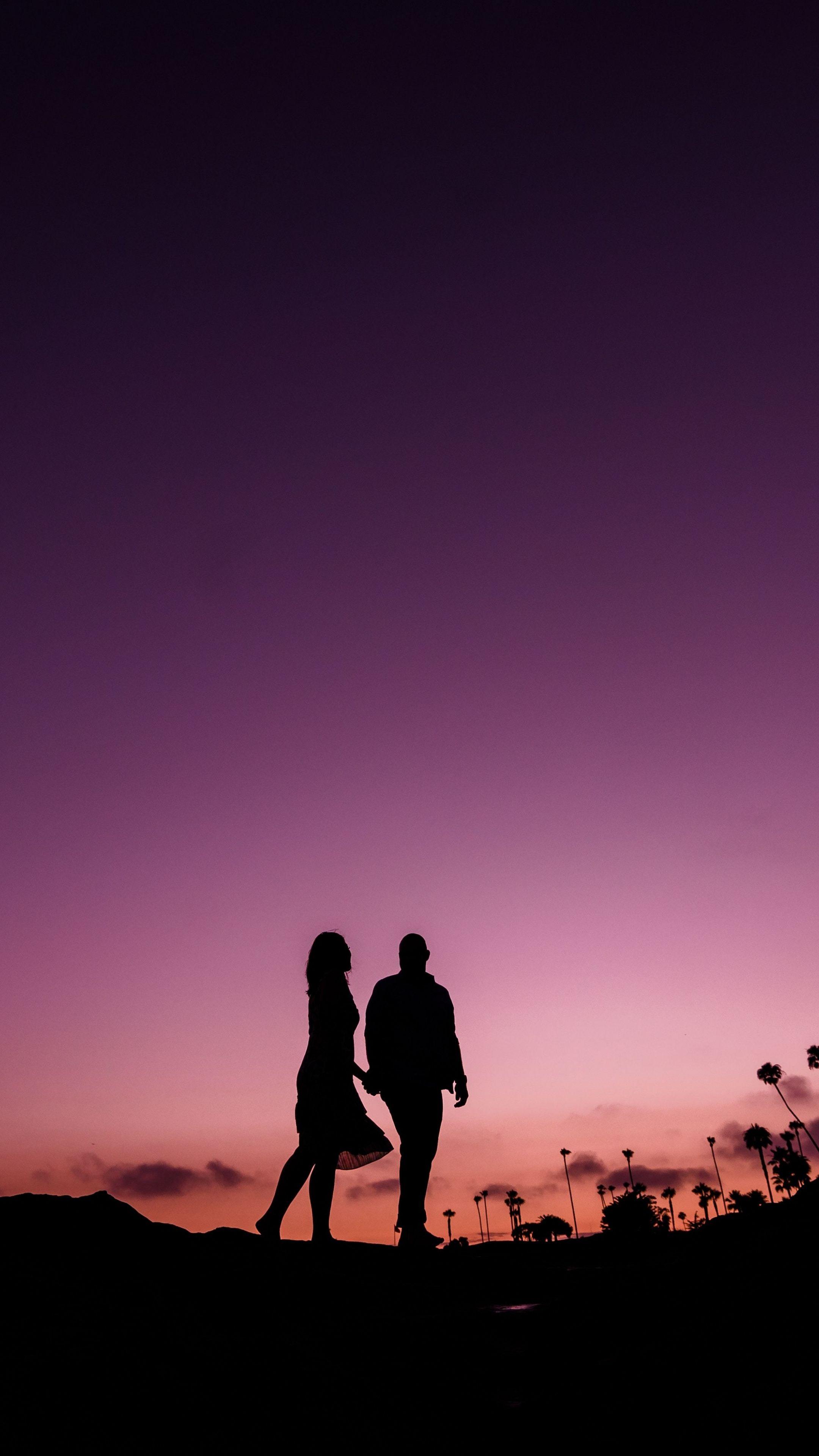 Silhouette, pink dark sky, minimal, sunset, couple, walk