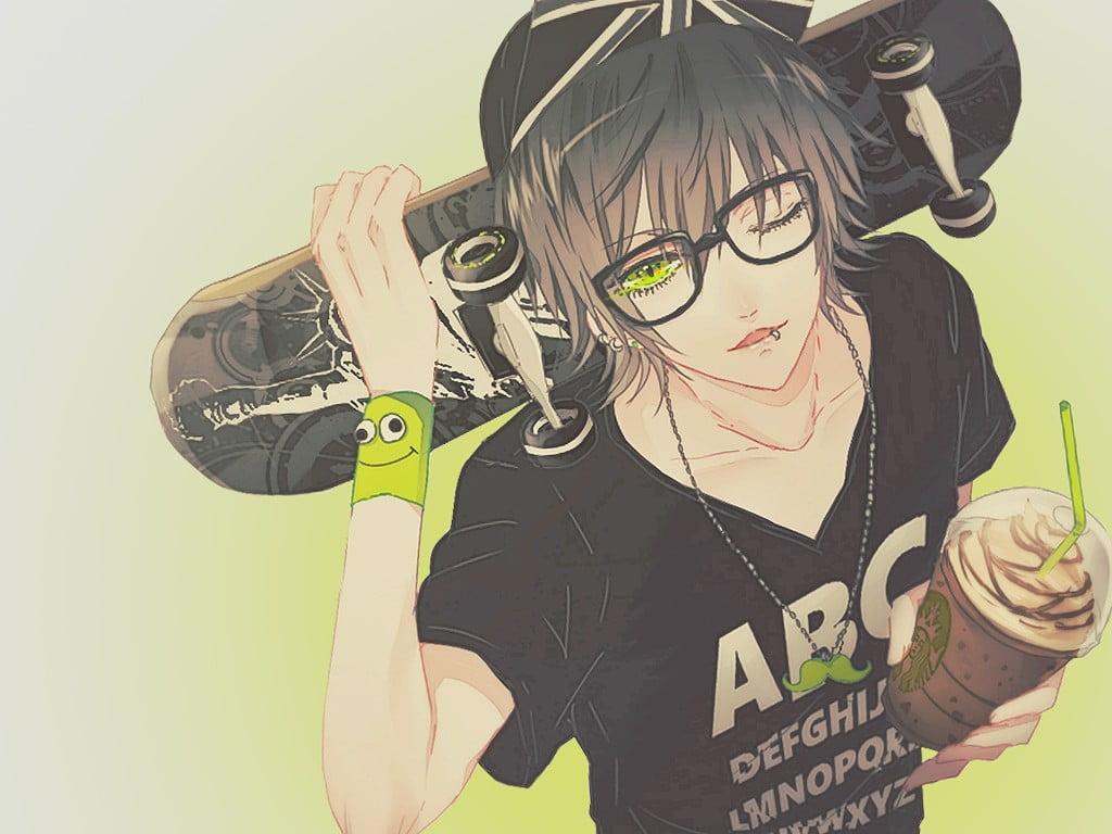 Man holding skateboard animated illustration, anime, glasses