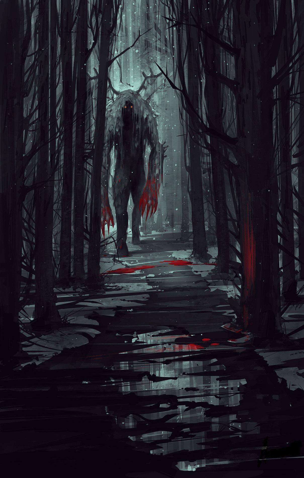 Desktop Wallpaper monster Blood path Fantasy night time Trees